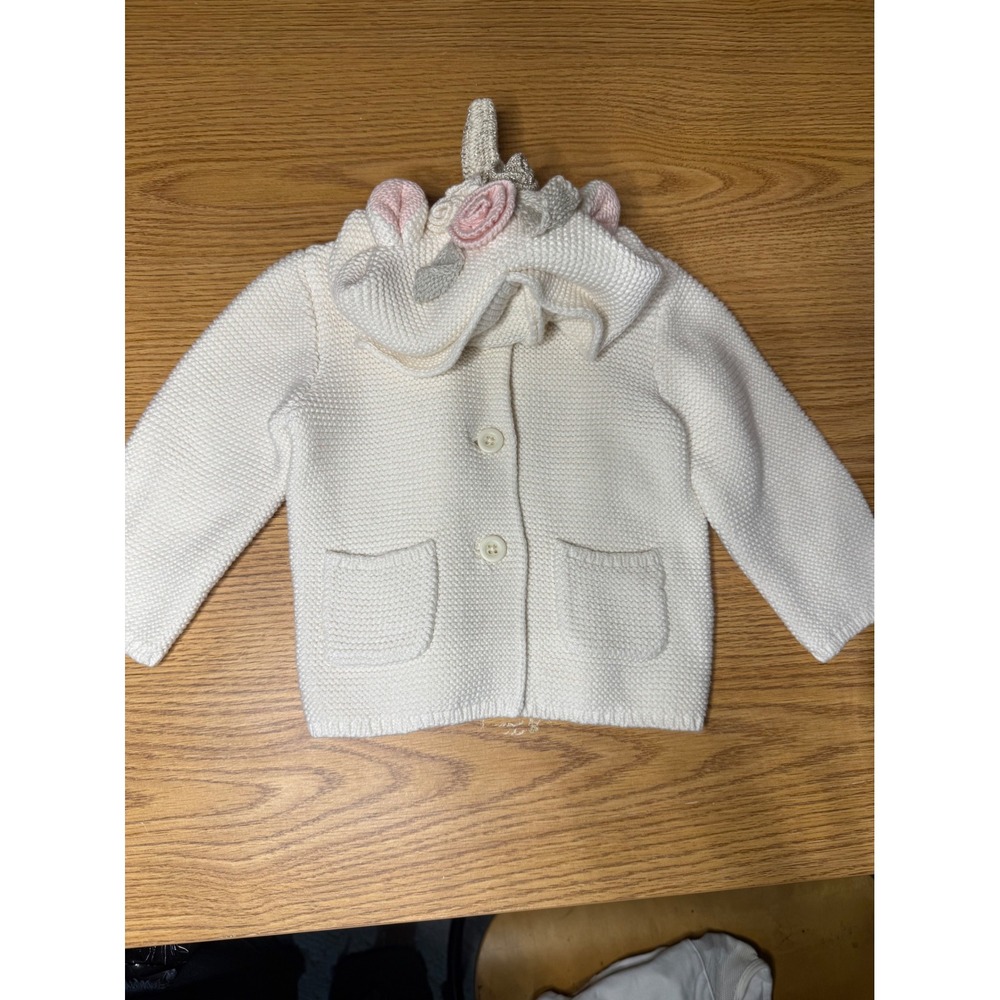 Baby Gap Unicorn Knit Hooded Cardigan Sweater Cream Floral 6-12M Whimsical